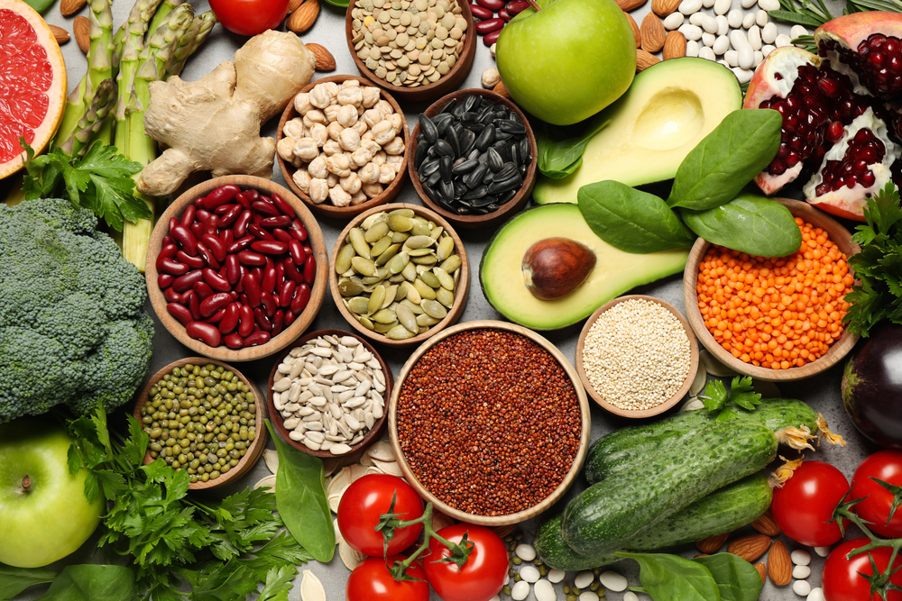Different,Vegetables,,Seeds,And,Fruits,On,Grey,Table,,Flat,Lay.